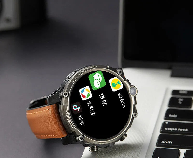 Black smart phone watch with 1.6 inch screen showing heart rate display and dual camera visible on case
