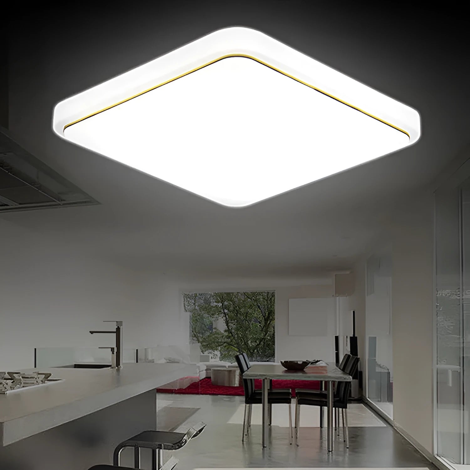 Simple square LED ceiling lamp in gold line finish, 30x30cm size, white light for indoor use