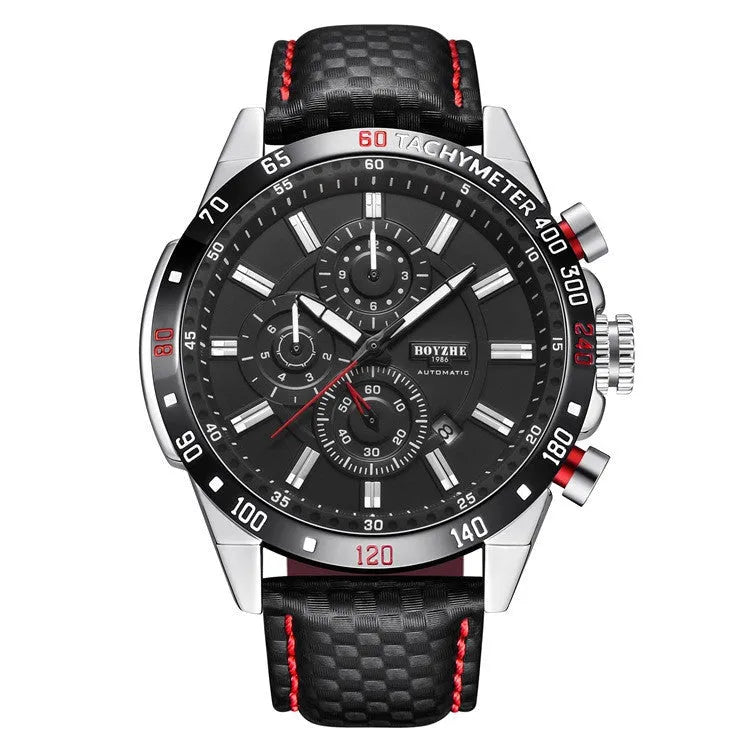 Men's mechanical watch black dial leather strap 43mm sports business
