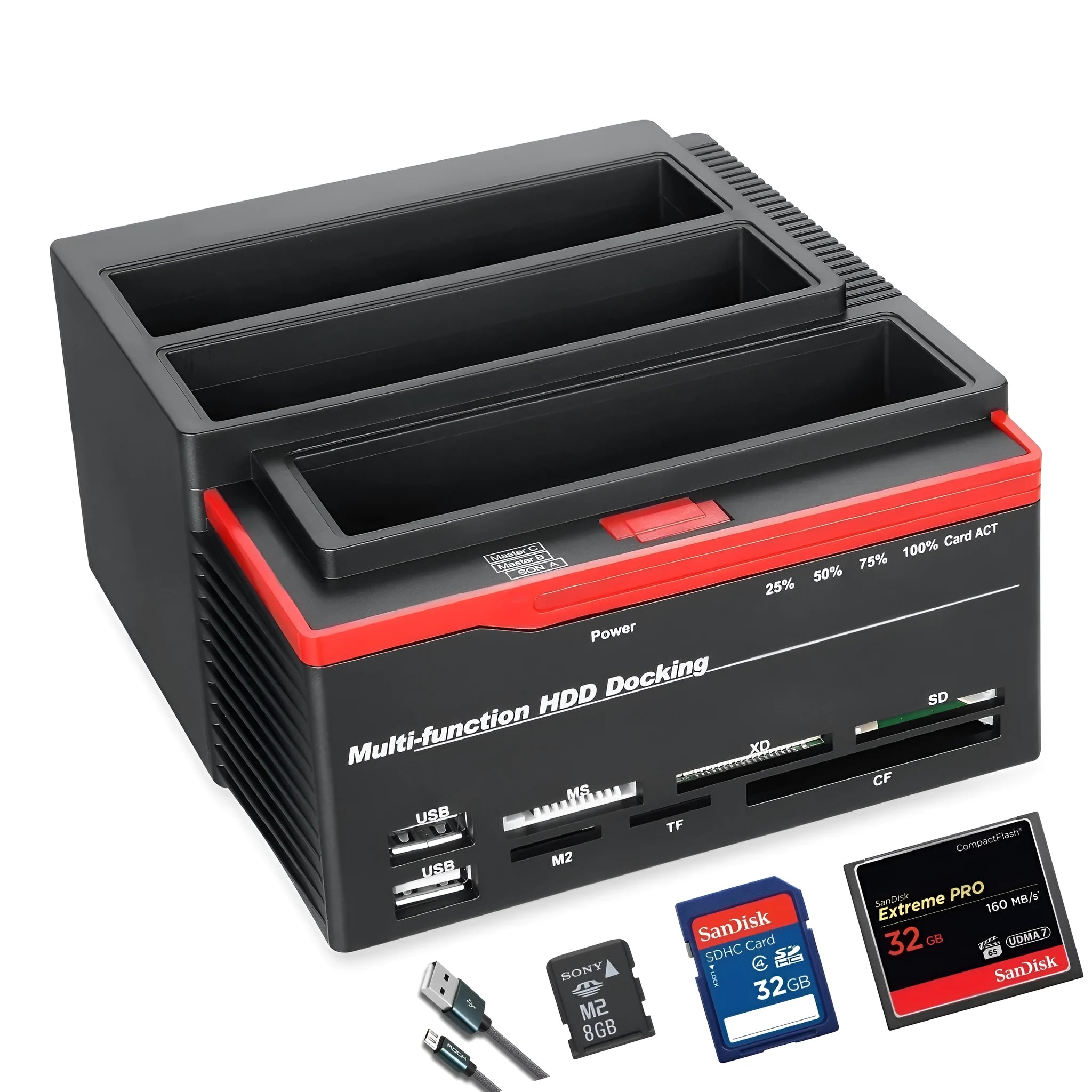 Black plastic hard disk base USB2.0 SATA IDE card reader with two drive bays and LED indicator