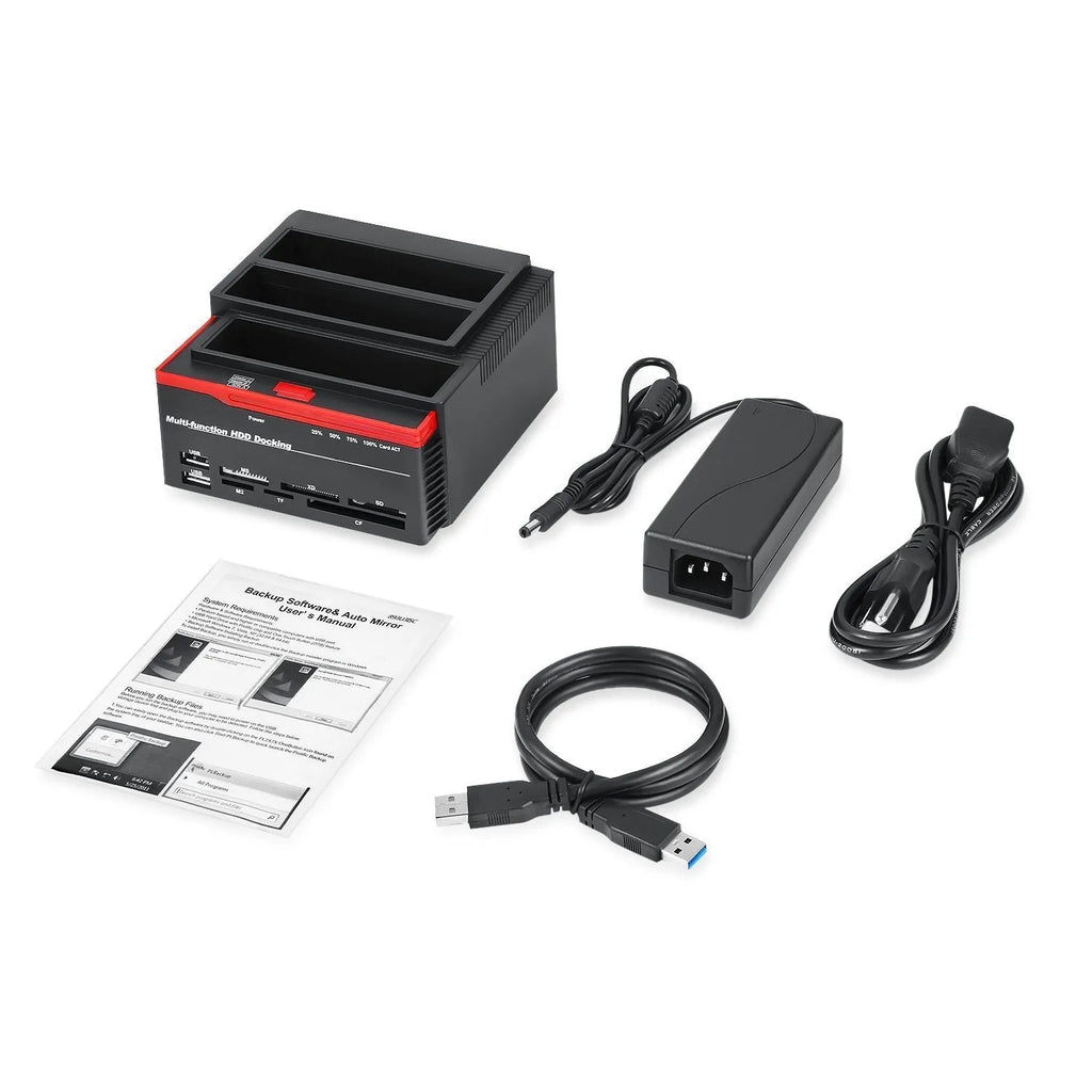Black plastic hard disk base USB2.0 SATA IDE card reader with two drive bays and LED indicator