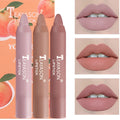 Three matte velvet lipstick crayons in bean paste milk tea shades on a white background