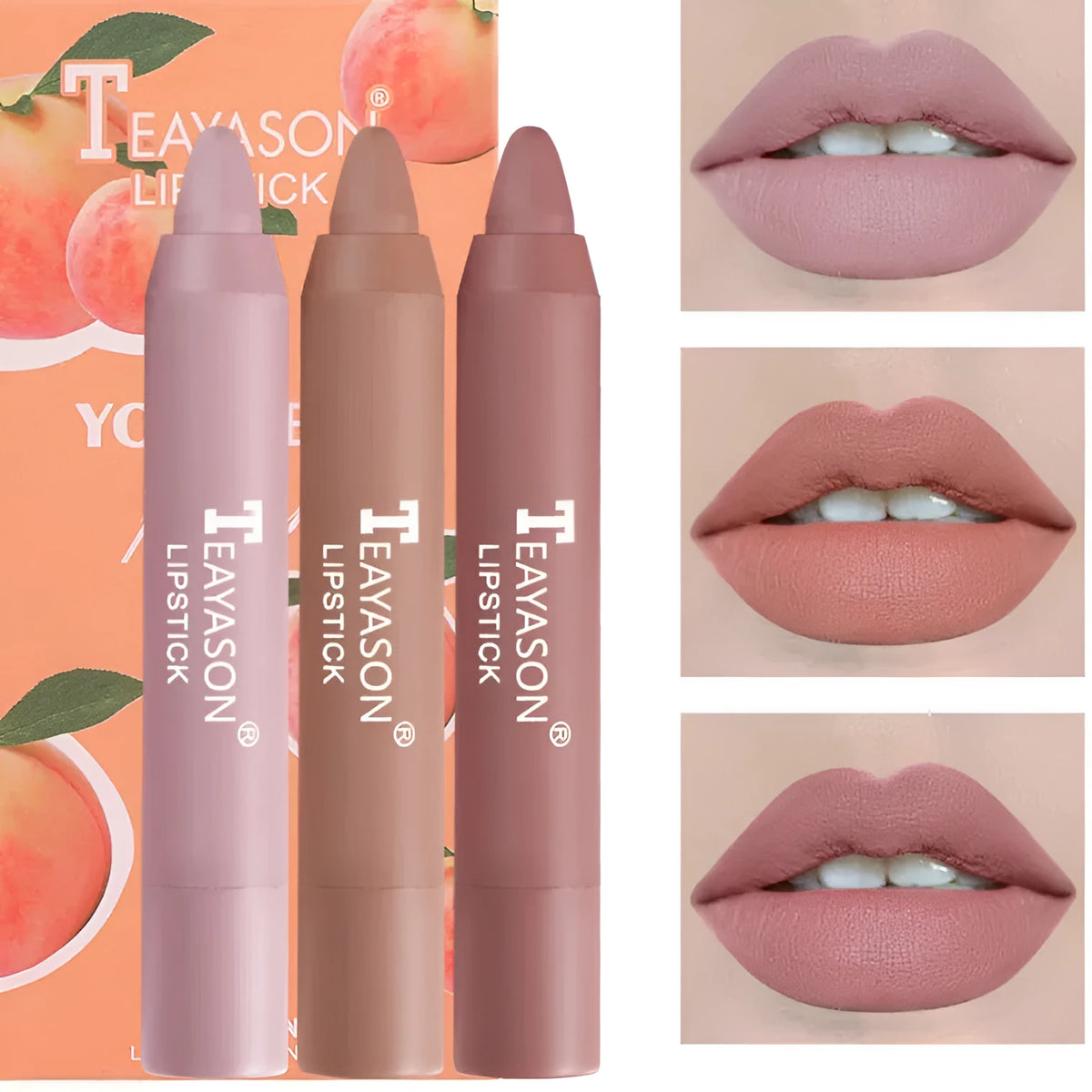 Three matte velvet lipstick crayons in bean paste milk tea shades on a white background