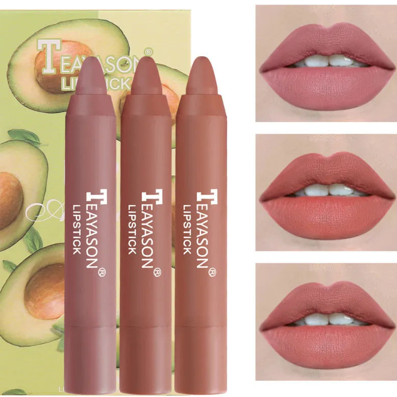 Three matte velvet lipstick crayons in bean paste milk tea shades on a white background