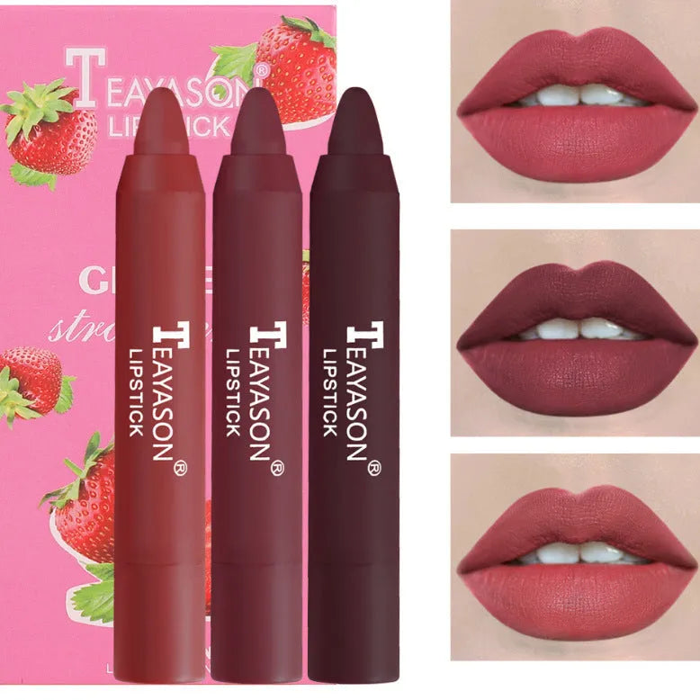 Three matte velvet lipstick crayons in bean paste milk tea shades on a white background