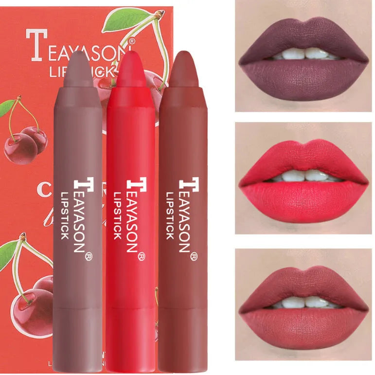 Three matte velvet lipstick crayons in bean paste milk tea shades on a white background