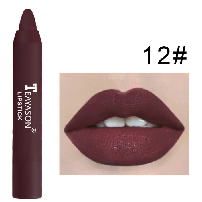 Three matte velvet lipstick crayons in bean paste milk tea shades on a white background