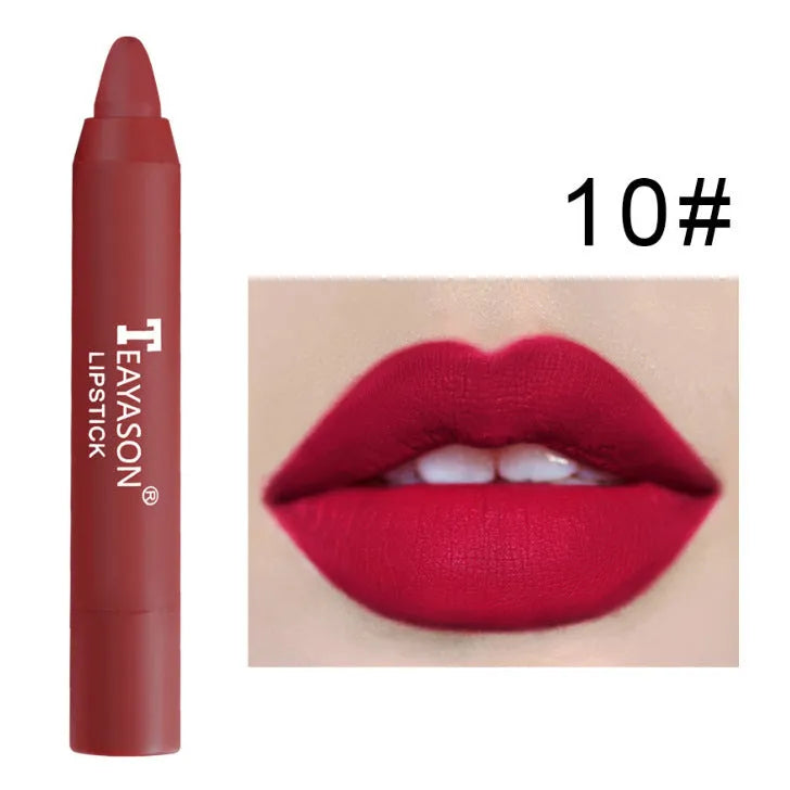 Three matte velvet lipstick crayons in bean paste milk tea shades on a white background