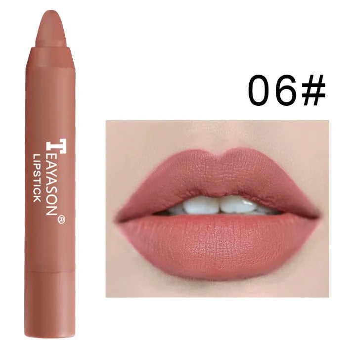 Three matte velvet lipstick crayons in bean paste milk tea shades on a white background