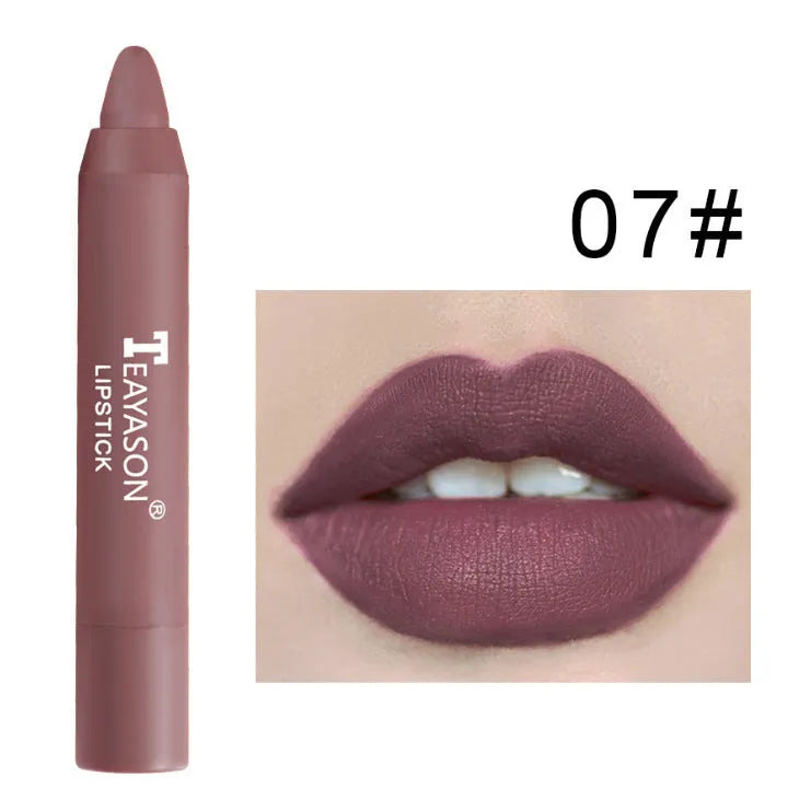 Three matte velvet lipstick crayons in bean paste milk tea shades on a white background