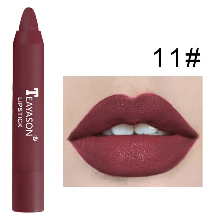 Three matte velvet lipstick crayons in bean paste milk tea shades on a white background