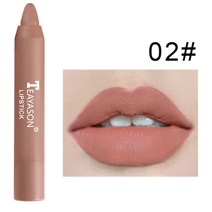 Three matte velvet lipstick crayons in bean paste milk tea shades on a white background