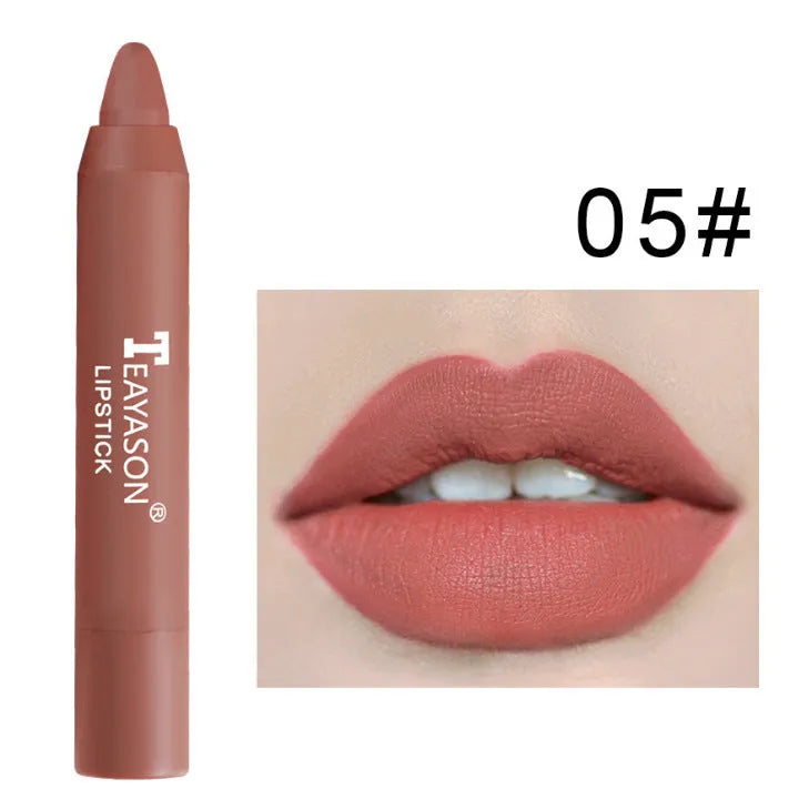 Three matte velvet lipstick crayons in bean paste milk tea shades on a white background