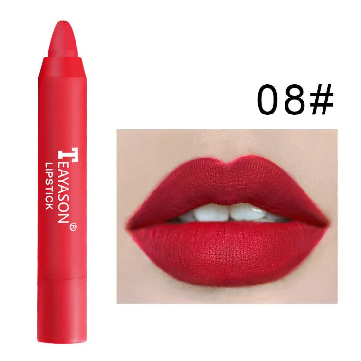Three matte velvet lipstick crayons in bean paste milk tea shades on a white background
