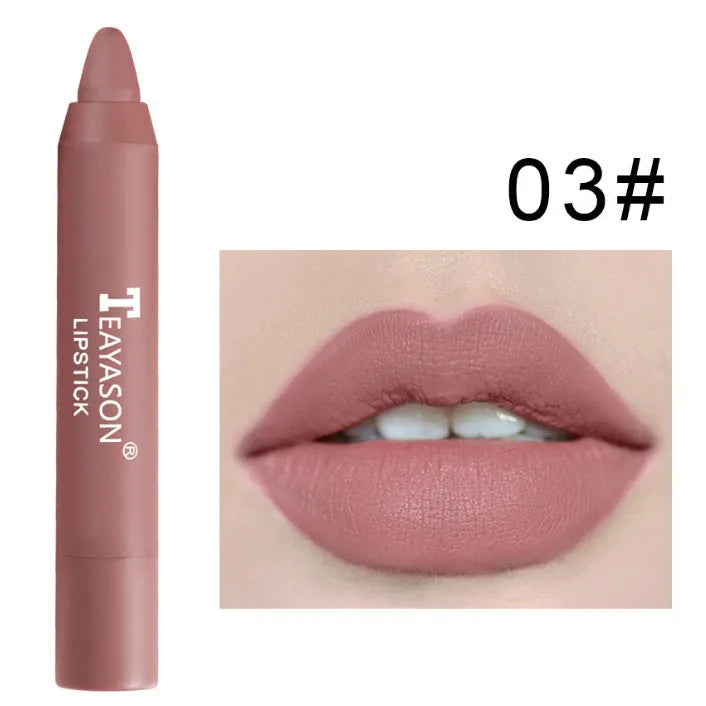 Three matte velvet lipstick crayons in bean paste milk tea shades on a white background