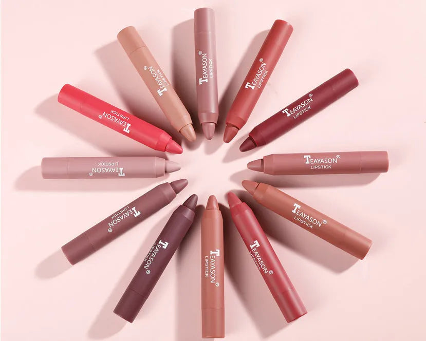 Three matte velvet lipstick crayons in bean paste milk tea shades on a white background