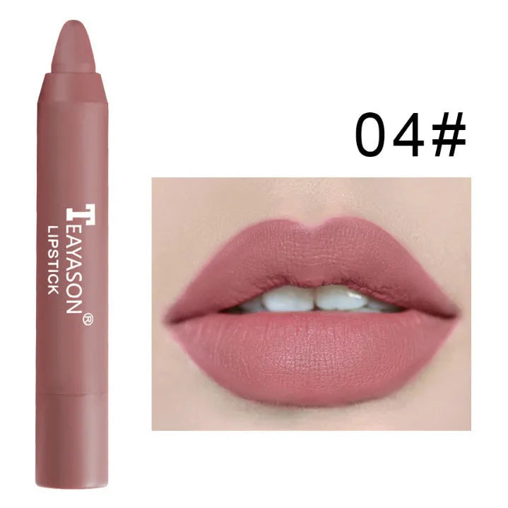Three matte velvet lipstick crayons in bean paste milk tea shades on a white background