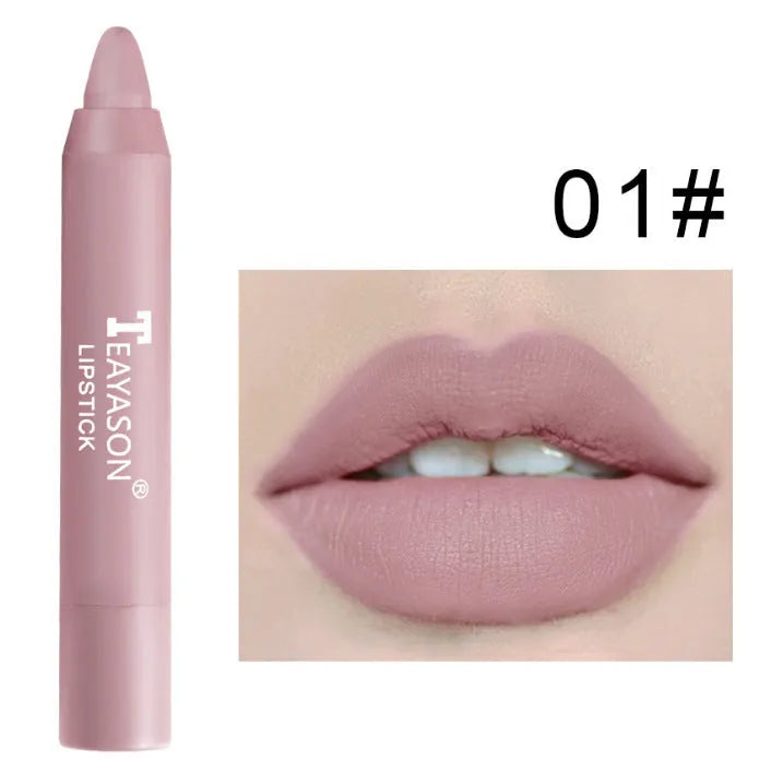 Three matte velvet lipstick crayons in bean paste milk tea shades on a white background