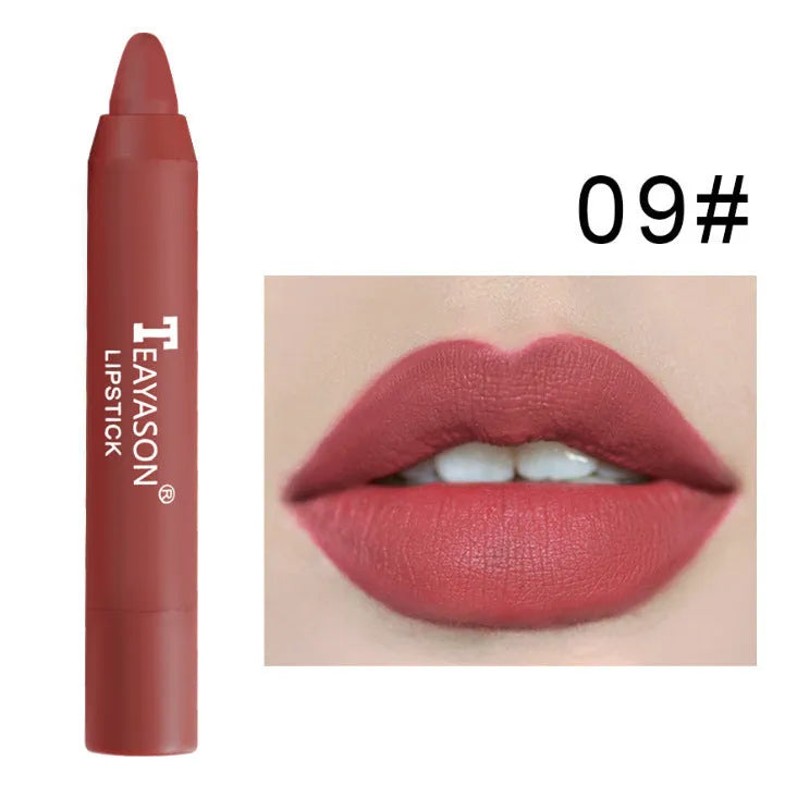 Three matte velvet lipstick crayons in bean paste milk tea shades on a white background
