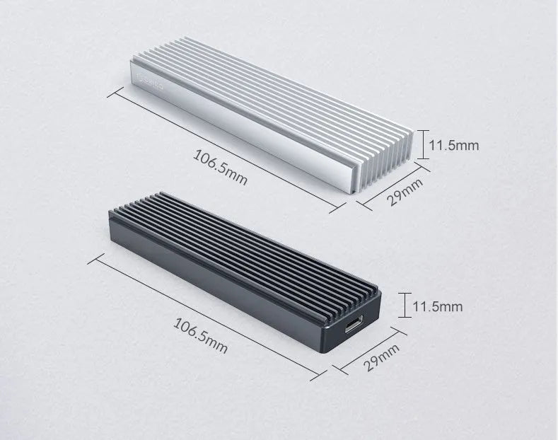 M.2 NVMe external SSD case with USB 3.1 Type-C in silver aluminium alloy finish