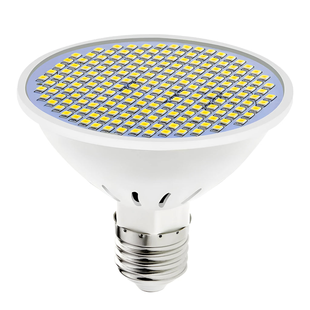 E27 LED light bulb with polycarbonate body shown in warm white and cool white colour options.