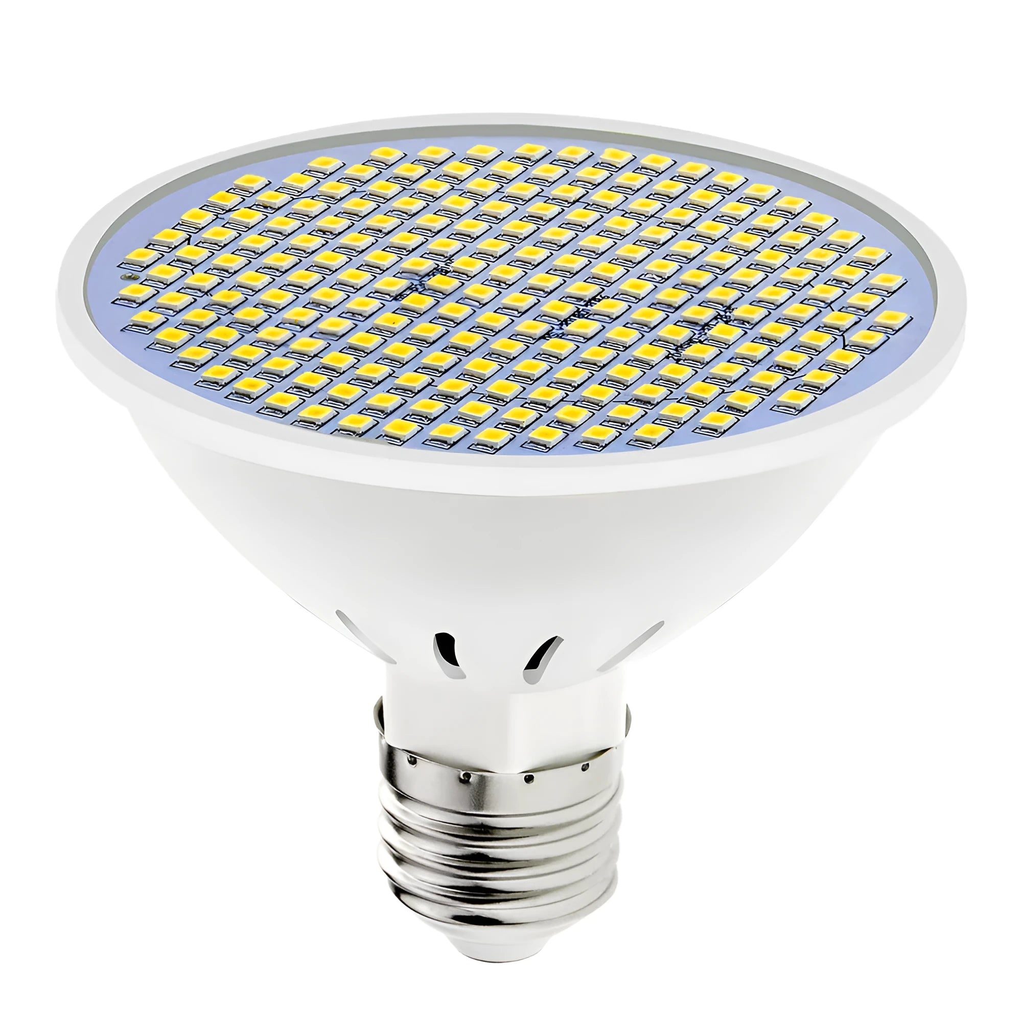 E27 LED light bulb with polycarbonate body shown in warm white and cool white colour options.