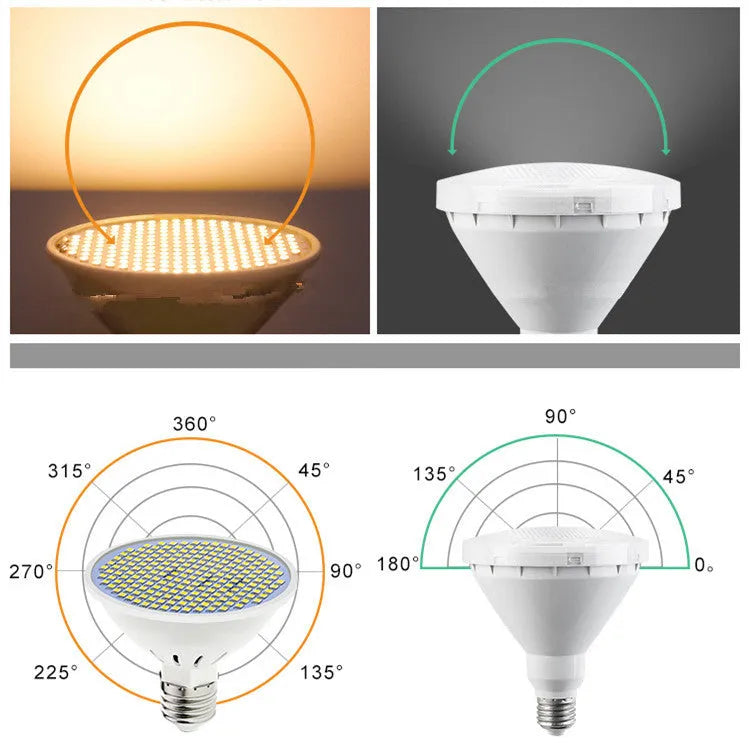 E27 screw base LED light bulb with PC body, shown in warm white and cool white options.