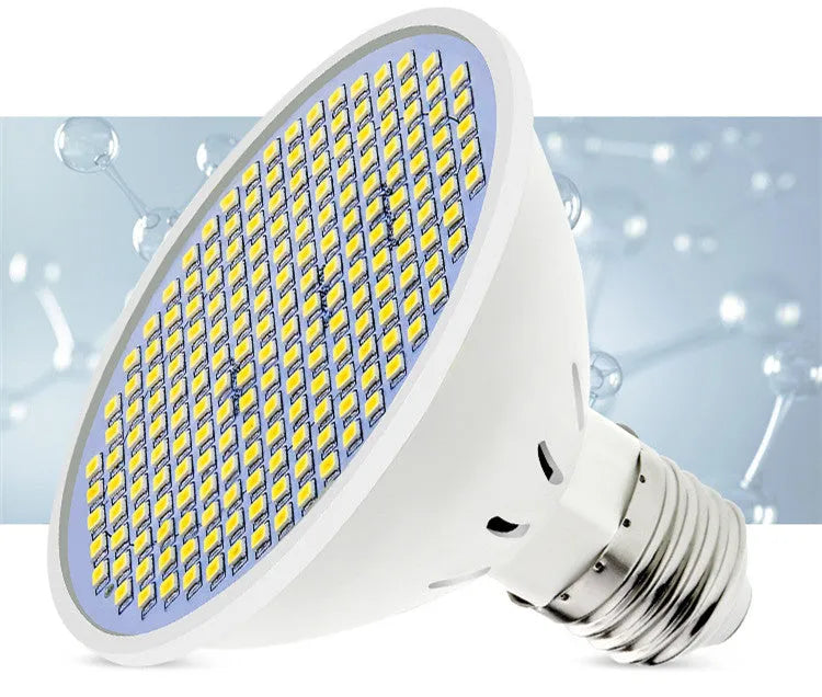 E27 screw base LED light bulb with PC body, shown in warm white and cool white options.