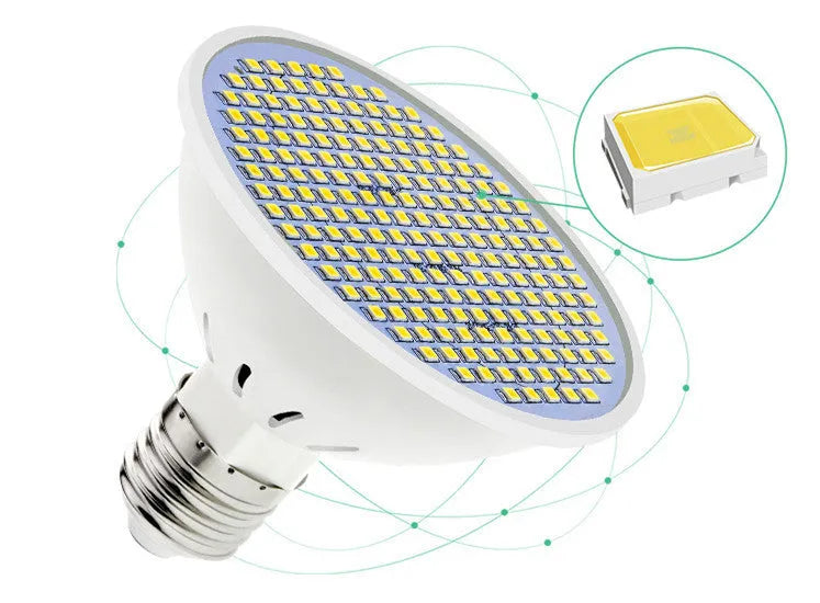 E27 screw base LED light bulb with PC body, shown in warm white and cool white options.