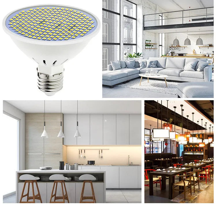E27 LED light bulb with polycarbonate body shown in warm white and cool white colour options.