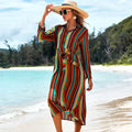 Women's long-sleeved rayon striped beach coverall jacket with belt, one size, 127 cm length, for seaside sun protection