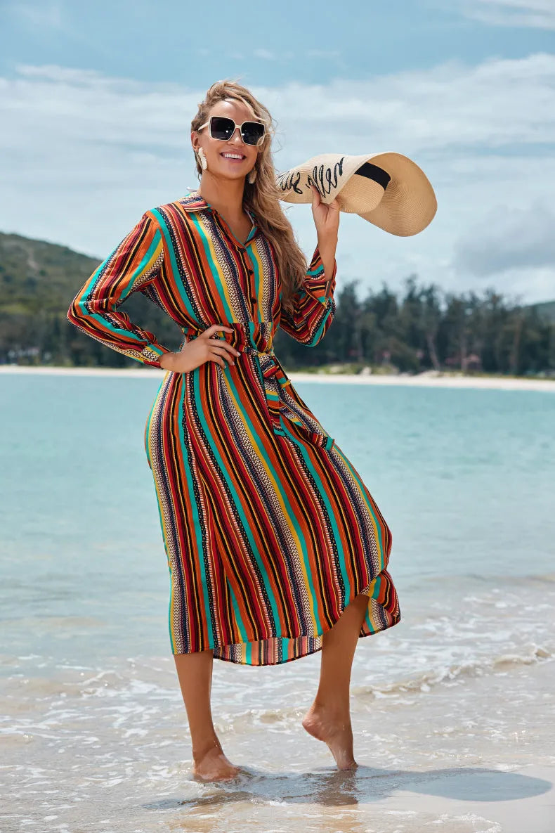 Women's long-sleeved rayon striped beach coverall jacket with belt, one size, 127 cm length, for seaside sun protection