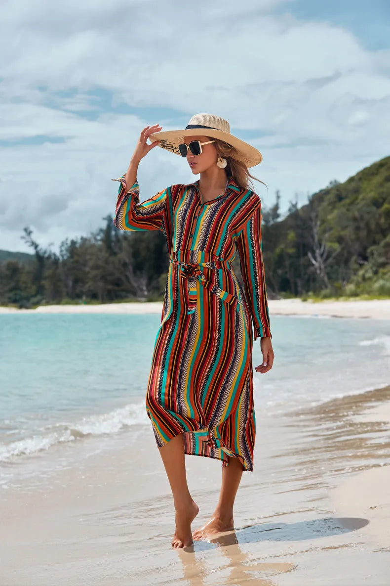 Women's long-sleeved rayon striped beach coverall jacket with belt, one size, 127 cm length, for seaside sun protection
