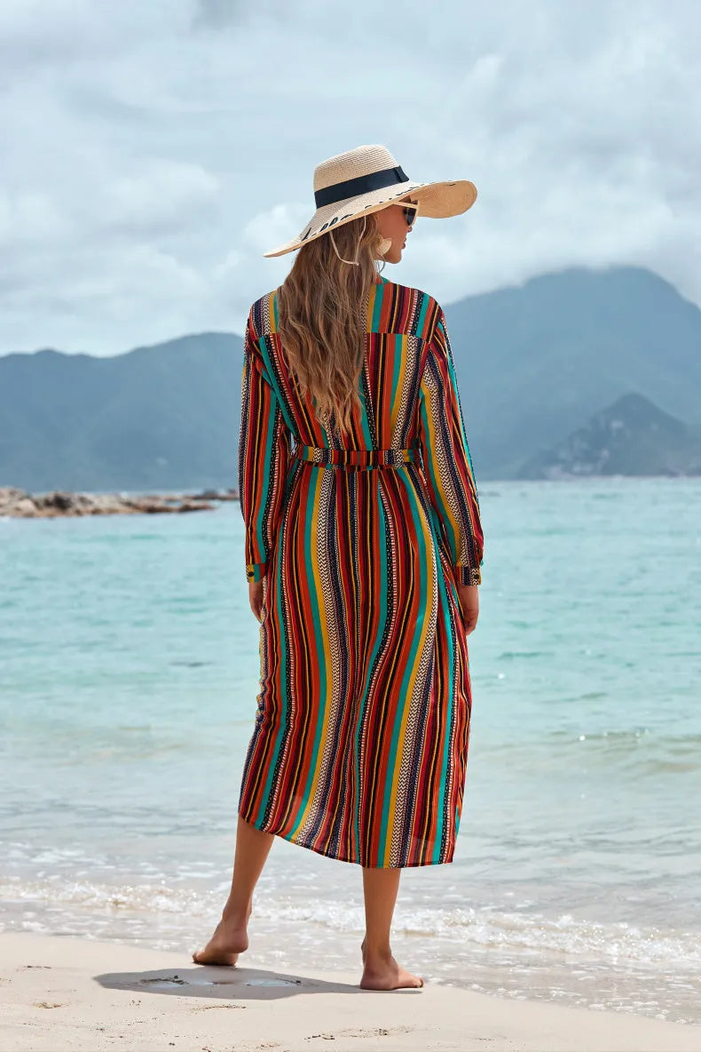 Women's long-sleeved rayon striped beach coverall jacket with belt, one size, 127 cm length, for seaside sun protection