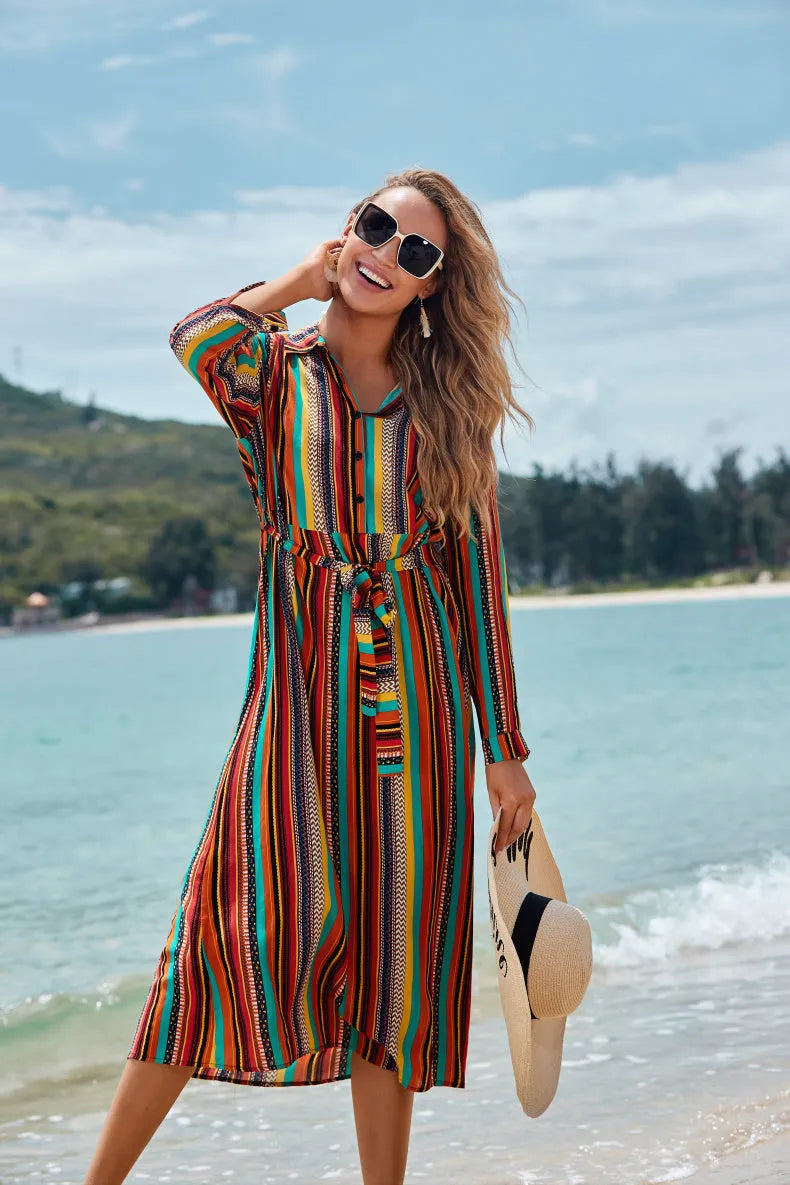 Women's long-sleeved rayon striped beach coverall jacket with belt, one size, 127 cm length, for seaside sun protection