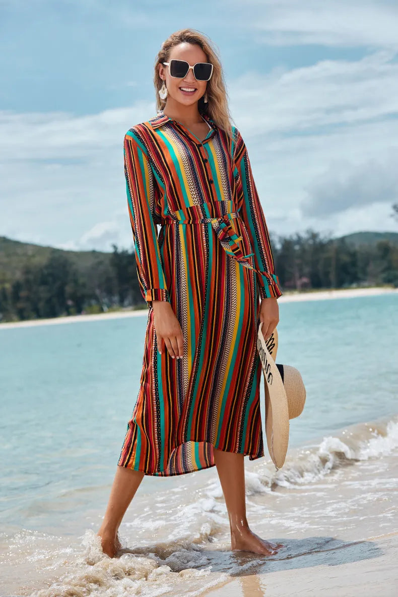 Women's long-sleeved rayon striped beach coverall jacket with belt, one size, 127 cm length, for seaside sun protection