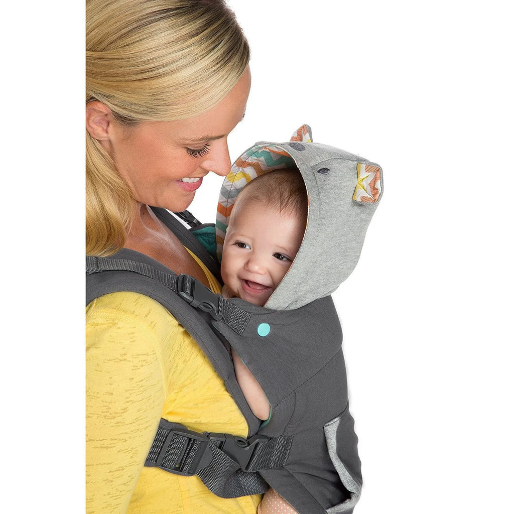 4-in-1 double-shoulder baby carrier in dark grey with saliva towel, one size, front-facing position