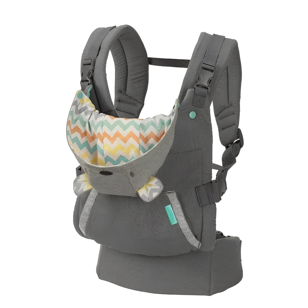 4-in-1 double-shoulder baby carrier in dark grey with saliva towel, one size, front-facing position