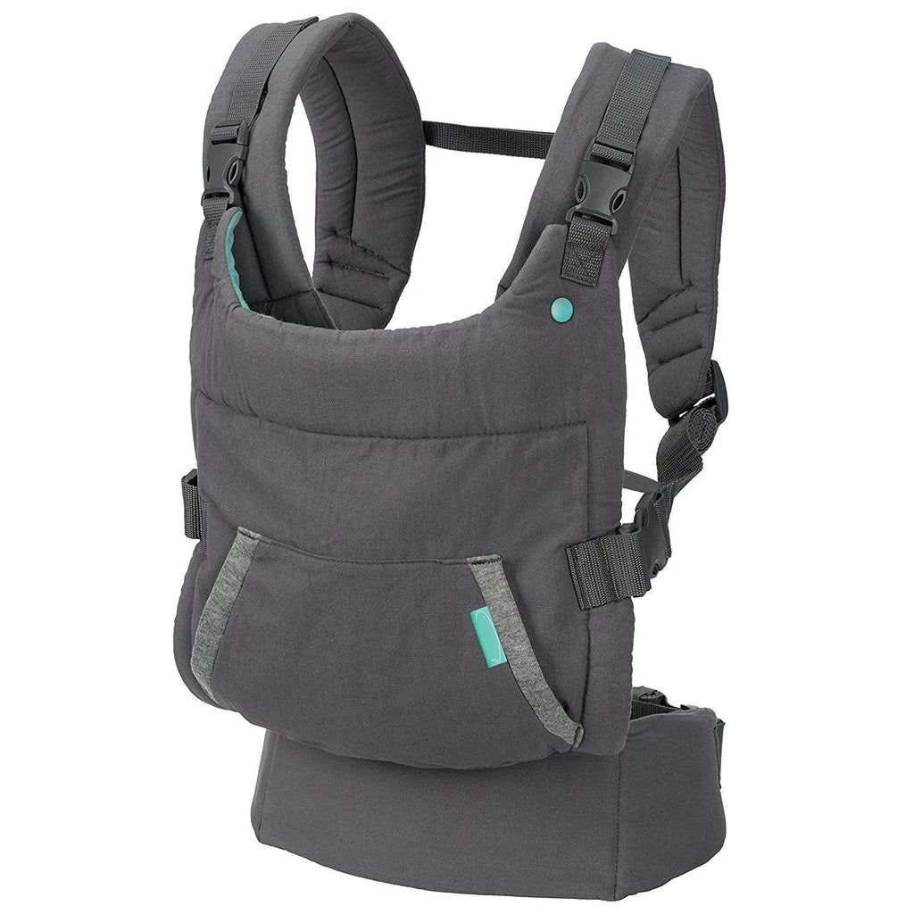 4-in-1 double-shoulder baby carrier in dark grey with saliva towel, one size, front-facing position