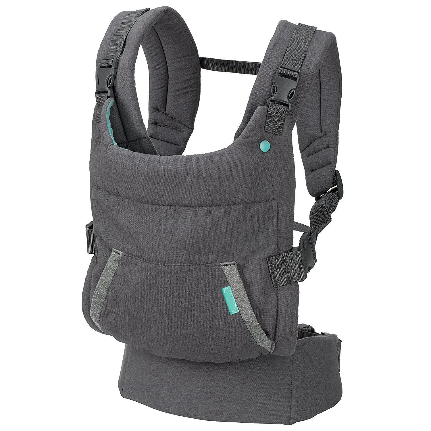 4-in-1 double-shoulder baby carrier in dark grey with saliva towel, one size, front-facing position