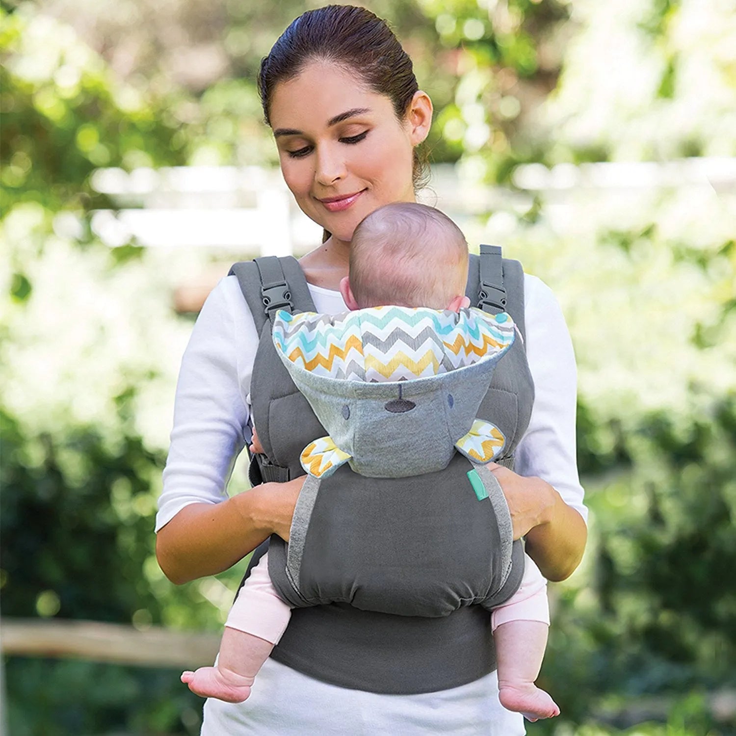 4-in-1 double-shoulder baby carrier in dark grey with saliva towel, one size, front-facing position