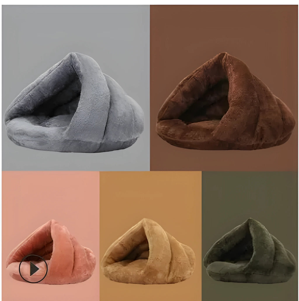 Triangle pet nest in polar fleece with PP cotton filling, semi-closed warm dog bed in light grey or dark coffee