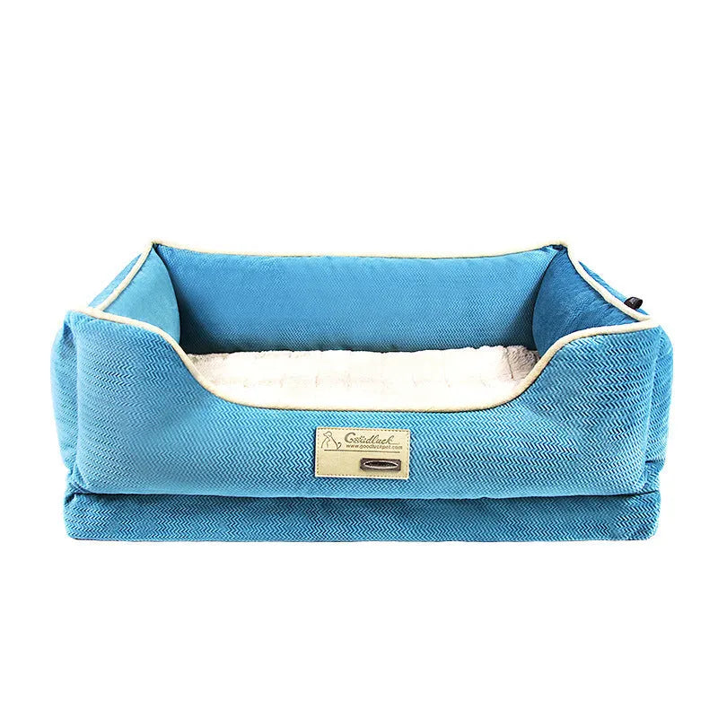 Four Seasons kennel dog bed with removable washable cover, available in blue, for medium and large dogs like golden retrievers
