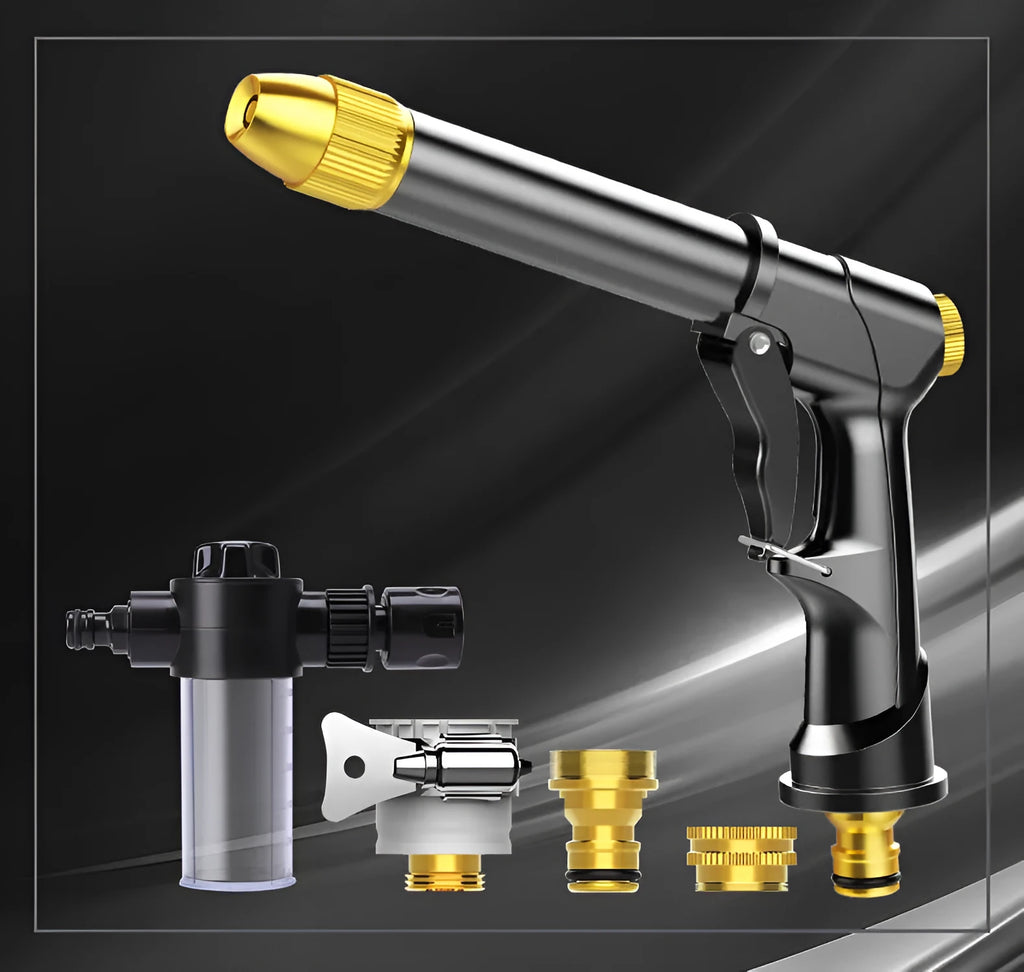 Aluminium alloy telescopic garden hose extended with multi-spray water gun for car washing.
