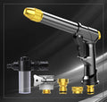 Aluminium alloy telescopic garden hose extended with multi-spray water gun for car washing.