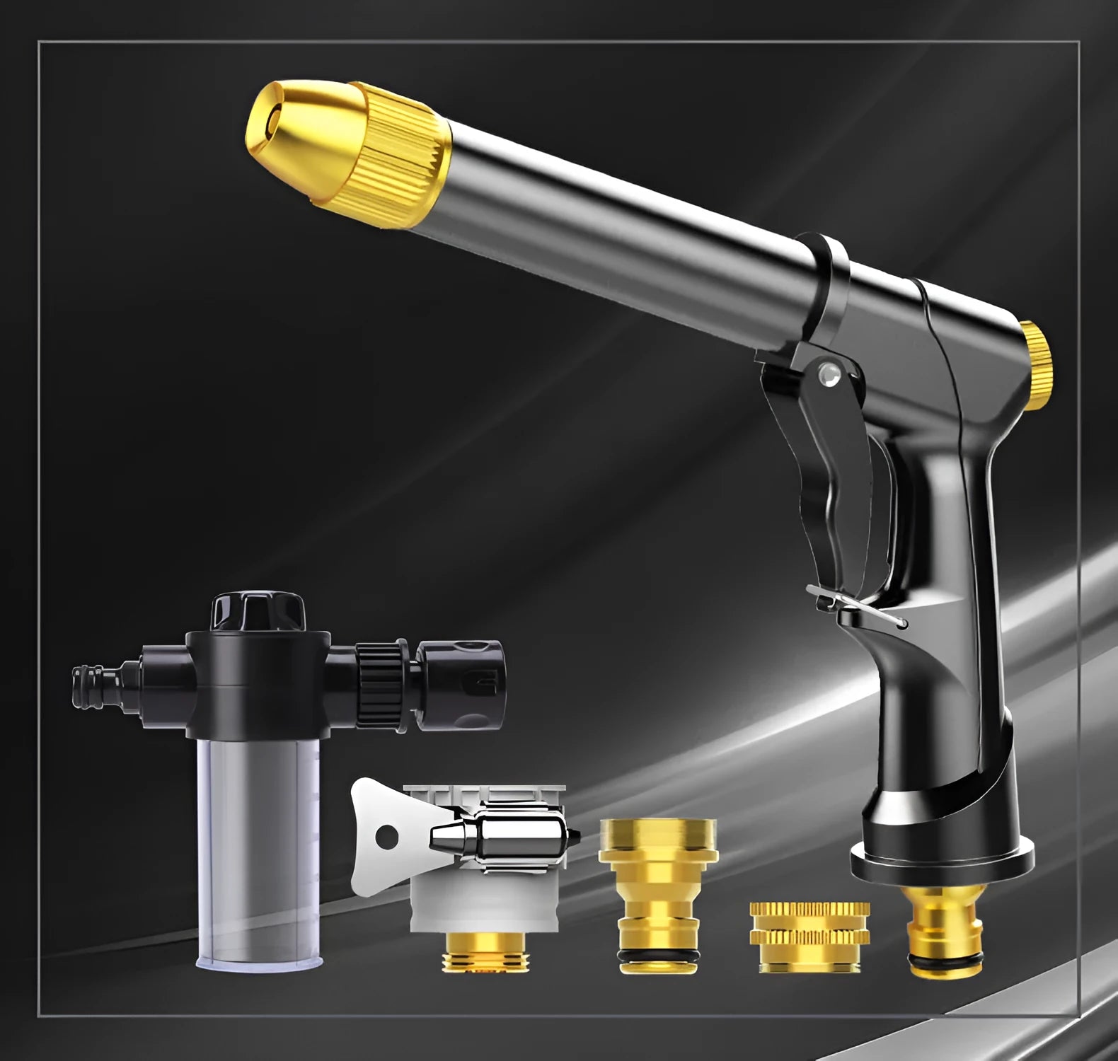 Aluminium alloy telescopic garden hose extended with multi-spray water gun for car washing.