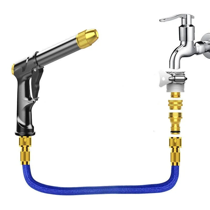 Aluminium alloy telescopic garden hose extended with multi-spray water gun for car washing.