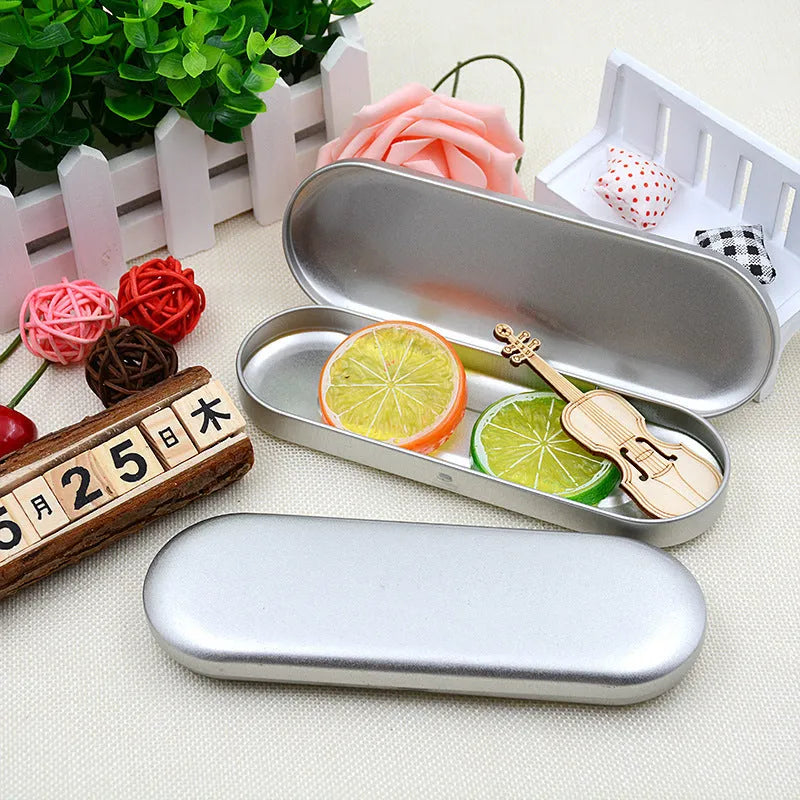 Rectangular tinplate cosmetic box 175 x 60 x 18mm with offset-printed lid, frosted iron pen and pencil packaging
