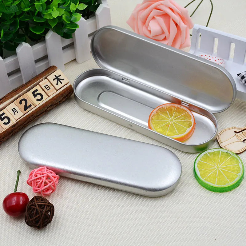 Rectangular tinplate cosmetic box 175 x 60 x 18mm with offset-printed lid, frosted iron pen and pencil packaging