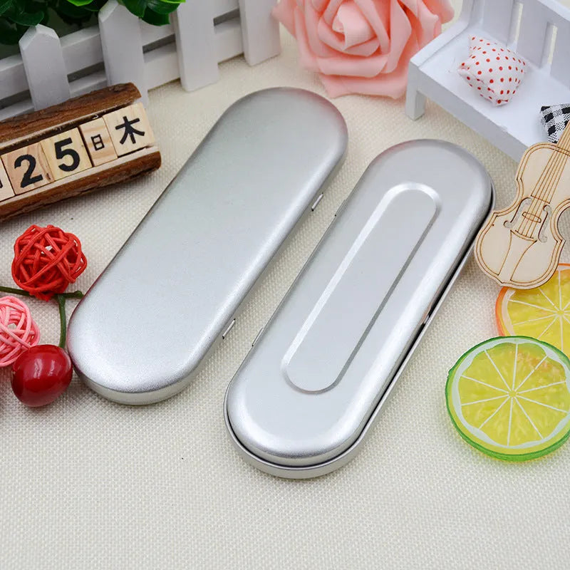 Rectangular tinplate cosmetic box 175 x 60 x 18mm with offset-printed lid, frosted iron pen and pencil packaging